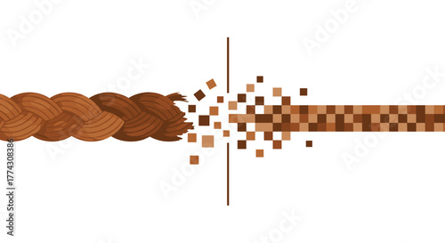 A braided rope disintegrates into individual pixels, passing through a digital transformation barrier to form a pixelated data stream.