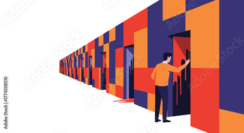 A person stands before an open door in a long, patterned corridor, reaching out as if exploring an uncertain path or a challenging decision.