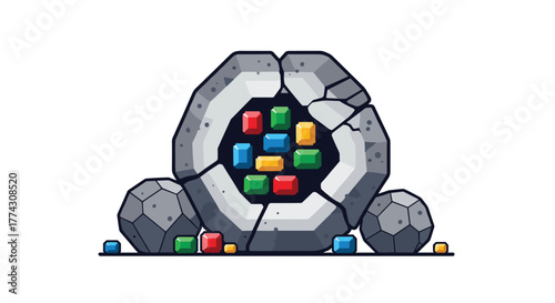 A large, cracked grey stone reveals colorful gems embedded within its dark core, flanked by smaller stones and scattered jewels.