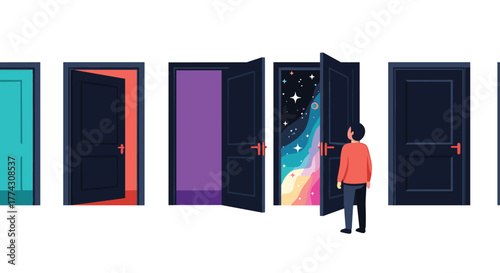 A person stands before several doors, each representing a different choice or future path, with one opening to a vibrant, cosmic unknown.