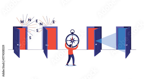 Navigating options: a person holding a compass stands before several open doors, symbolizing the process of choosing a path or opportunity.
