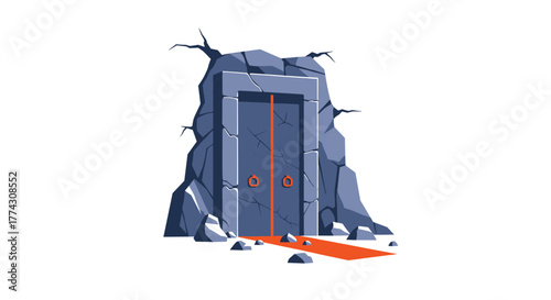 A pixel art illustration of an ancient stone door embedded in a rocky cave entrance with an orange path leading out.