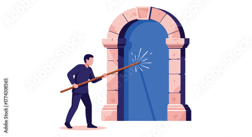A person uses a magic wand to activate a sparkling blue portal set within an ancient stone archway, representing discovery and new opportunities.
