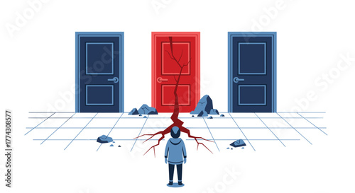 A person stands before three doors, facing a difficult choice symbolized by a red, cracked door and a deep crack in the floor.
