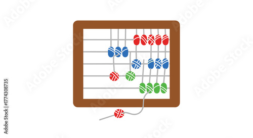 A colorful abacus with red, blue, and green yarn-like beads, some of which are displaced or falling, on a white background.