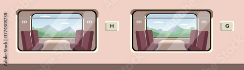Cartoon train windows with scenic mountain view. Modern transportation. City transportation. Public facility. 