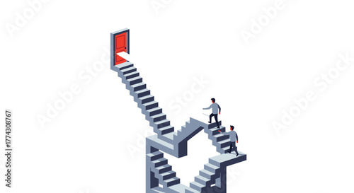Two men climb an impossible staircase towards a red door, illustrating the complex and challenging path to success and opportunity.