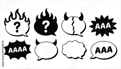 Collection of black and white comic book style speech bubbles with question marks flames devil horns and A text