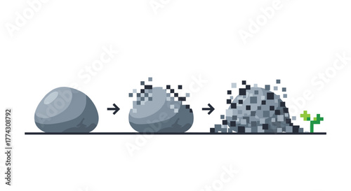 A gray rock breaks down into pixelated fragments and forms a pile of earth where a small green plant begins to grow, illustrating natural processes.