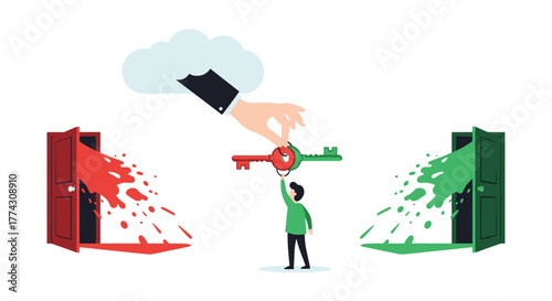 Navigating critical choices, a person receives a dual-colored key from a cloud, symbolizing options for positive or negative future outcomes.