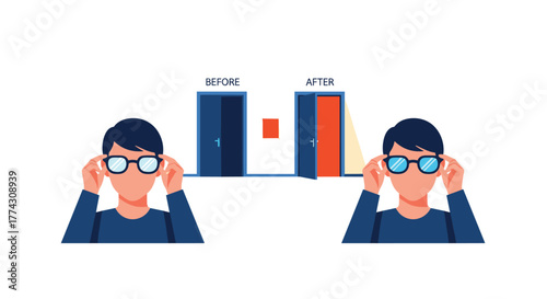 Glasses transform dull perception into a vibrant, brightly illuminated reality, demonstrating enhanced visual clarity and true color recognition.