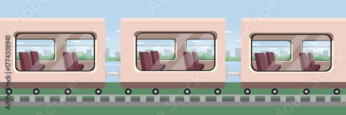 Passenger Train Cars on Railway with City Background. Public transportation. Train cartoon. City views.