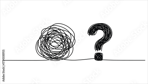 Black scribbled tangled line and question mark symbol on white background confusion