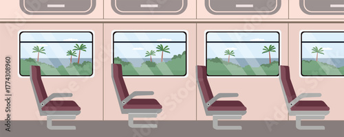 Scenic Train Ride with Tropical Ocean View. Commuter train. Train interior transportation. Business class ticket train.