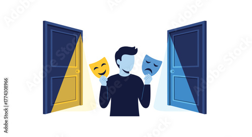 Man holding happy and sad masks stands between two open doors, symbolizing emotional choices and life's crossroads.