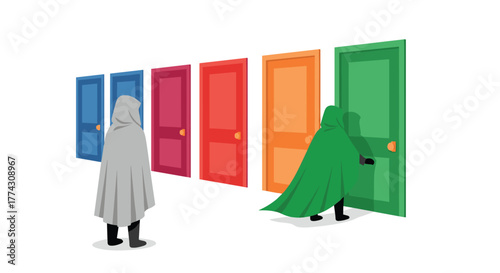 A person in a gray cloak contemplates a row of colorful doors, while another in a green cloak opens the last door.
