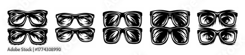 Set of five stylized reading glasses icons showing different styles and textures for visual aid and accessibility