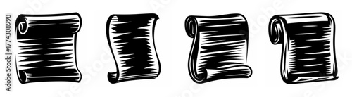 Vintage parchment scrolls collection featuring historical documents and antique manuscripts in woodcut style