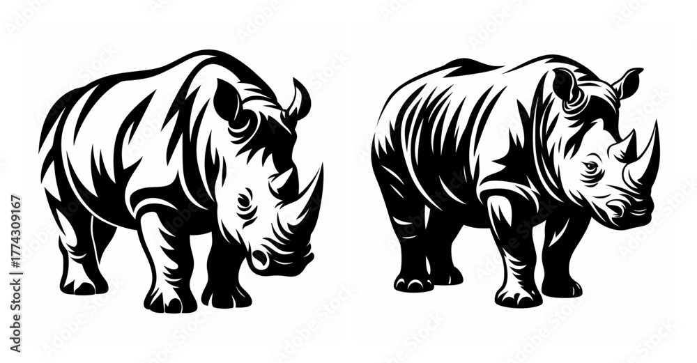 Naklejka premium Powerful black and white artistic renditions of two majestic rhinoceroses standing side by side