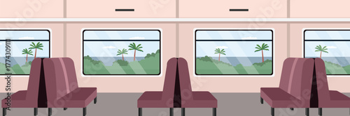 Train Interior with Tropical Landscape View. Economic class train seat. Train scenery view. Train interior. 