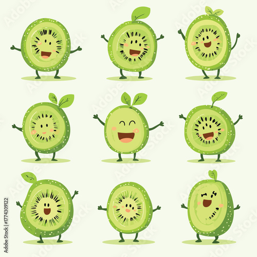 Cute anthropomorphic kiwi fruit characters in various playful poses showing their funny faces and small arms and legs.   , vector style simple color