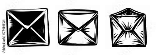 Three hand-drawn envelopes with cross-shaped flaps representing mail and correspondence communication methods