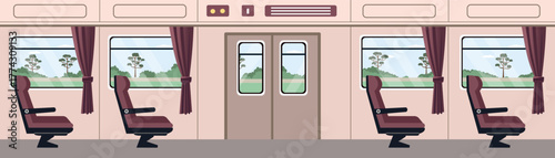 Empty Train Carriage Interior with Scenic Window View. Business class train. Train seat. Train scenery. Public transport facility.