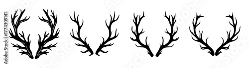 Set of four distinct black reindeer antler silhouettes for festive winter designs and wildlife art
