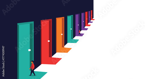 A long, dark corridor with multiple brightly colored doors, some open, representing the many paths and decisions one faces in life.