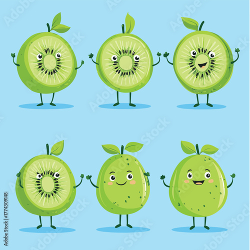 Cute anthropomorphic kiwi fruit characters in various playful poses showing their funny faces and small arms and legs.   , vector style simple color