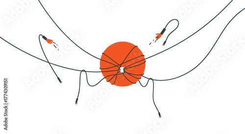 An orange central disc acts as a hub for numerous tangled cables with audio jack plugs, some of which are being manipulated by abstract hands.