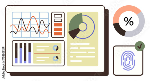 Dashboard displaying line chart, bar graph, pie chart, and user profiles with fingerprint authentication symbol. Ideal for data analysis, security, business metrics, monitoring, technology