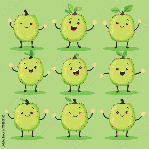 Cute anthropomorphic kiwi fruit characters in various playful poses showing their funny faces and small arms and legs.   , vector style simple color