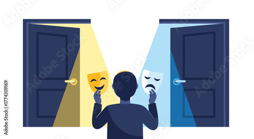 A person stands between two open doors, holding masks of happiness and sadness, contemplating emotional choices and identity paths ahead.