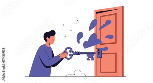 A person is using a large key to unlock a door, symbolizing the discovery of solutions, new ideas, and opportunities.