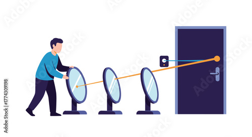 A man strategically positions multiple mirrors to reflect a light beam from a wall device to activate a sensor on a closed door, demonstrating an indirect solution.