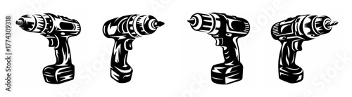 Four power drills black and white rendering multiple angles tool workshop construction repair diy
