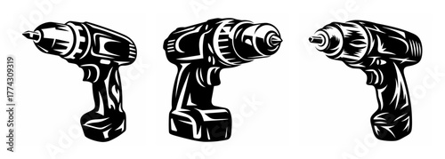 Three detailed cordless power drills shown in profile view against a white backdrop
