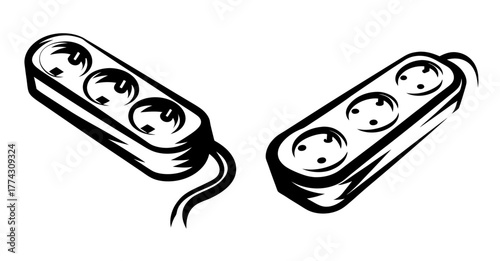 Two hand drawn power strips with multiple outlets connected via cables for electrical devices