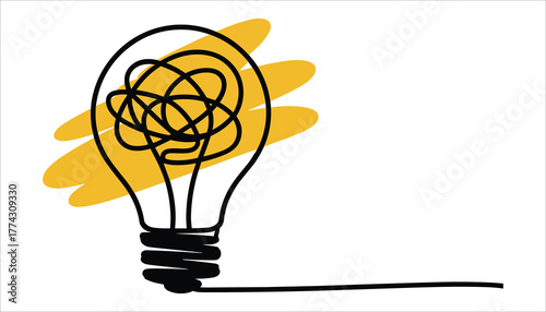 Black lightbulb outline with tangled filament and yellow brush stroke on white background idea concept