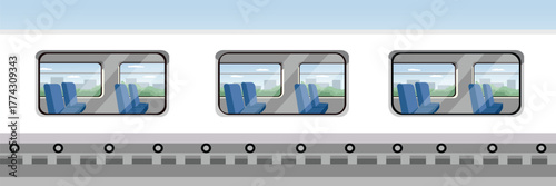 Train Car Exterior with Windows and Interior Seats on Tracks. Window train from outside. Cozy Train Seat Beside the Window