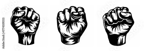 Powerful fist symbol collection demonstrating strength solidarity and resistance through stark monochromatic imagery