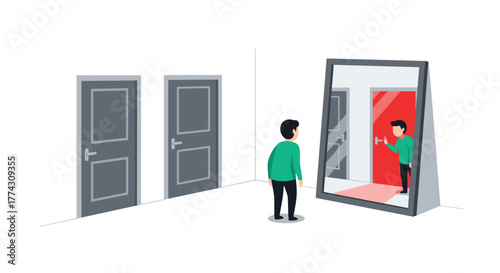 A person observes two gray doors, while their mirror reflection depicts them reaching for a vibrant red door, symbolizing a desired path or a bold choice.
