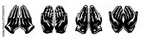 Four stylized praying hands graphics symbolizing faith hope and devotion in a black and white artistic representation