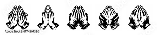 Five identical black and white praying hands symbols arranged in a row representing faith and devotion