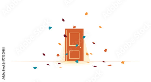 Warm light softly emanates from a closed wooden door, surrounded by falling vibrant autumn leaves, symbolizing comfort, change, or a new season.