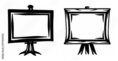 Two hand-drawn presentation easels with empty frames ready for your content