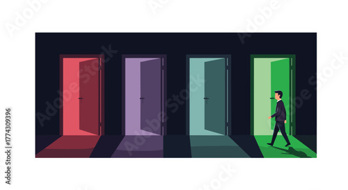 A man in a suit walks towards one of four open doors, each glowing with a different color, symbolizing multiple choices and paths forward.