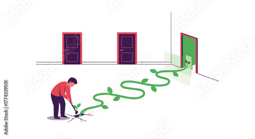 A man cultivates a plant that grows into a winding vine, leading him through an open door, symbolizing progress and finding new opportunities.