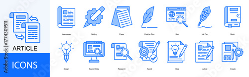 article icon collection set. Containing Newspaper, Setting, Paper, Feather Pen, Seo icon